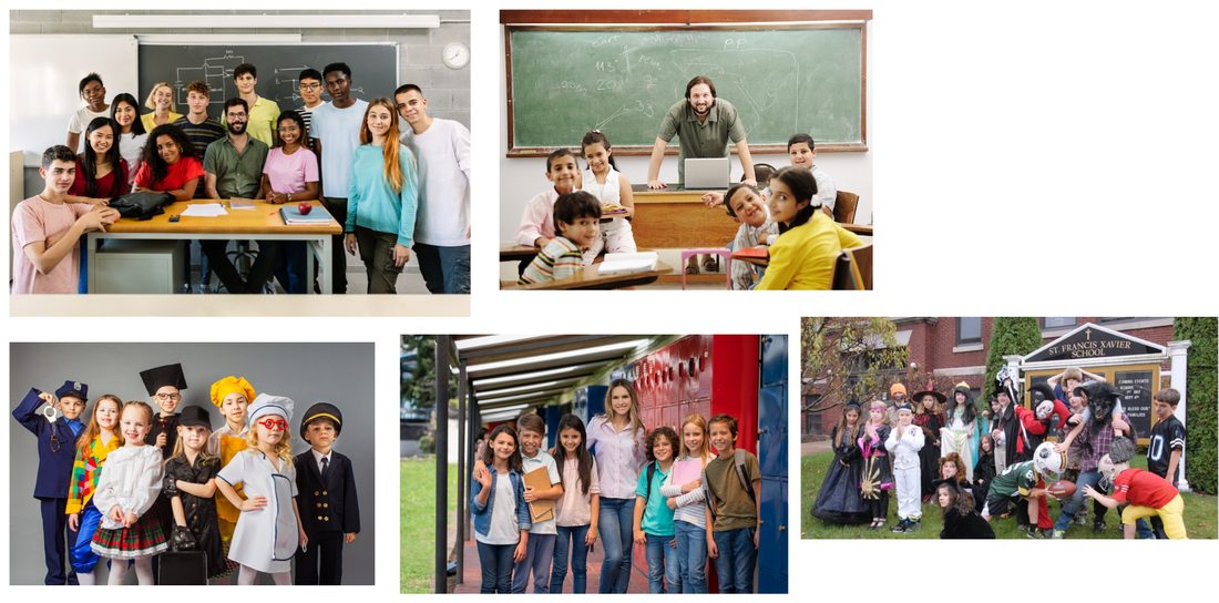 Examples of half-class and whole-class photos: students around a table, a class in costume, children in front of a school building and a Halloween group.