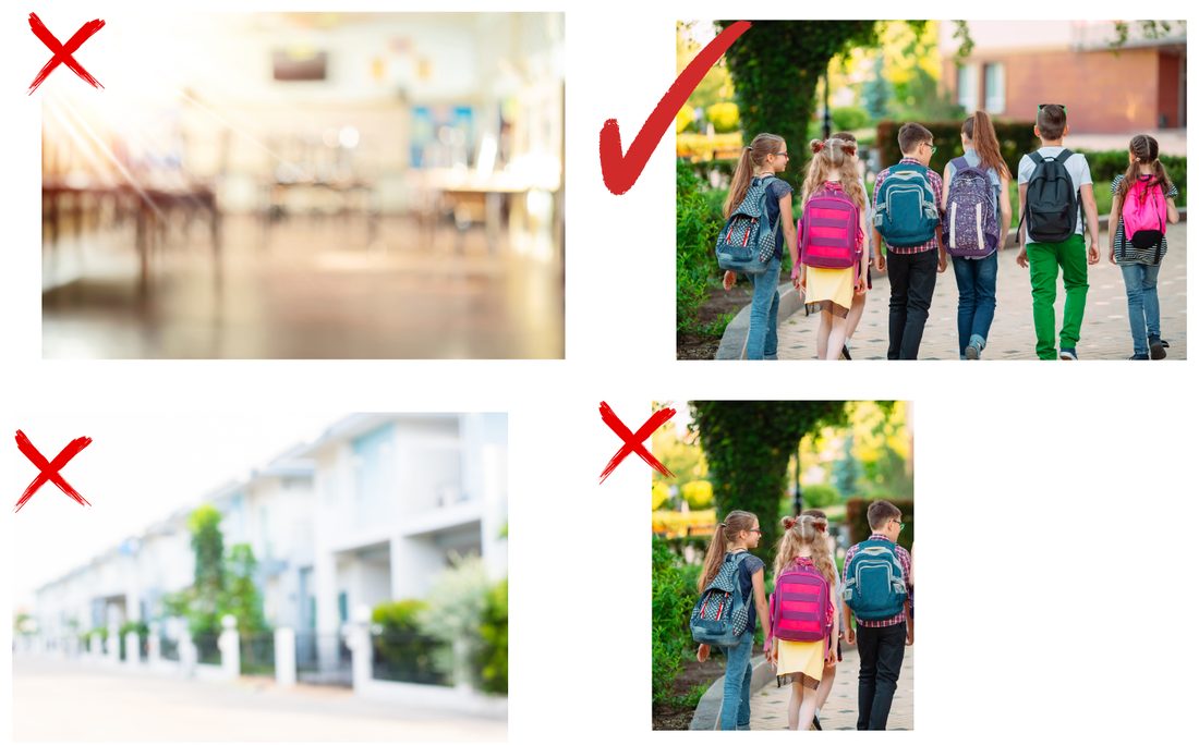 Four photos of the same scene: two blurry or tightly cropped shots marked with a red cross and one sharp photo of children walking to school marked with a red check.