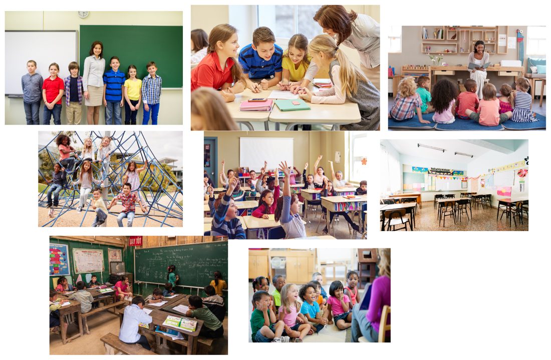 Examples of everyday school life: a teacher with a row of students, a desk group, a reading circle, a climbing frame, a classroom with raised hands, bulletin boards and a tidy room.