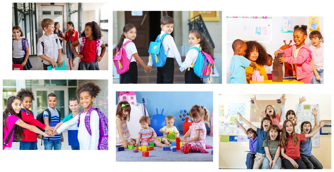 Six photos of small groups of three to seven children: friends holding hands, kids building with blocks, a group cheering.