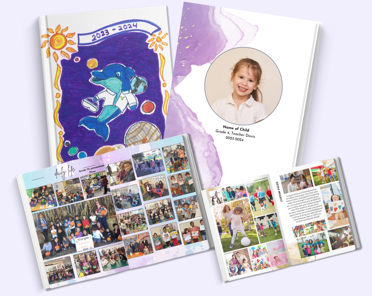 A personalized Rethink yearbook — name-and-photo cover, auto-built myClass/myGrade pages, and custom pages