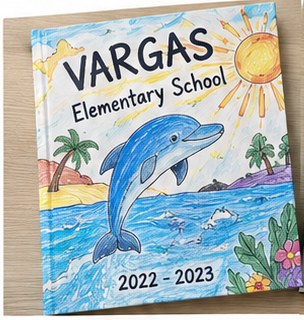 Mock-up of a yearbook front cover: a child&rsquo;s crayon drawing of a dolphin, palm trees and a sun, with the school name and year handwritten across it.