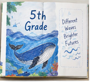 Mock-up of a grade divider page: a painted whale fills the page beside the words Fifth Grade.