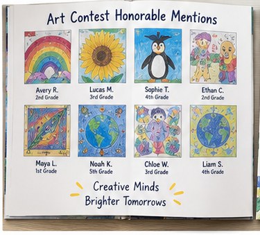 Mock-up of an honorable mentions page: eight pieces of children&rsquo;s artwork in a grid, each credited to a first name and grade.