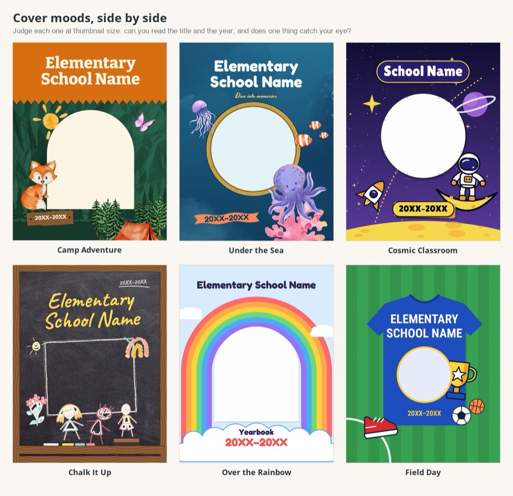 Cover templates in different colors and moods, side by side.