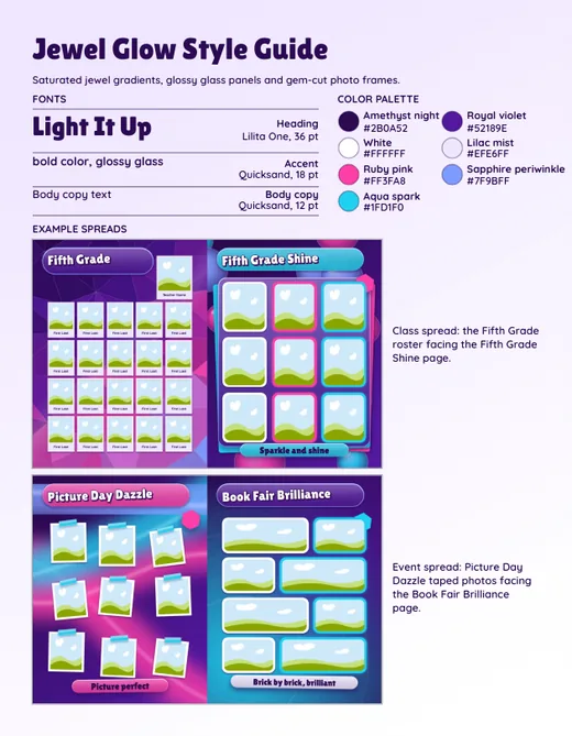 Jewel Glow style guide, page 1