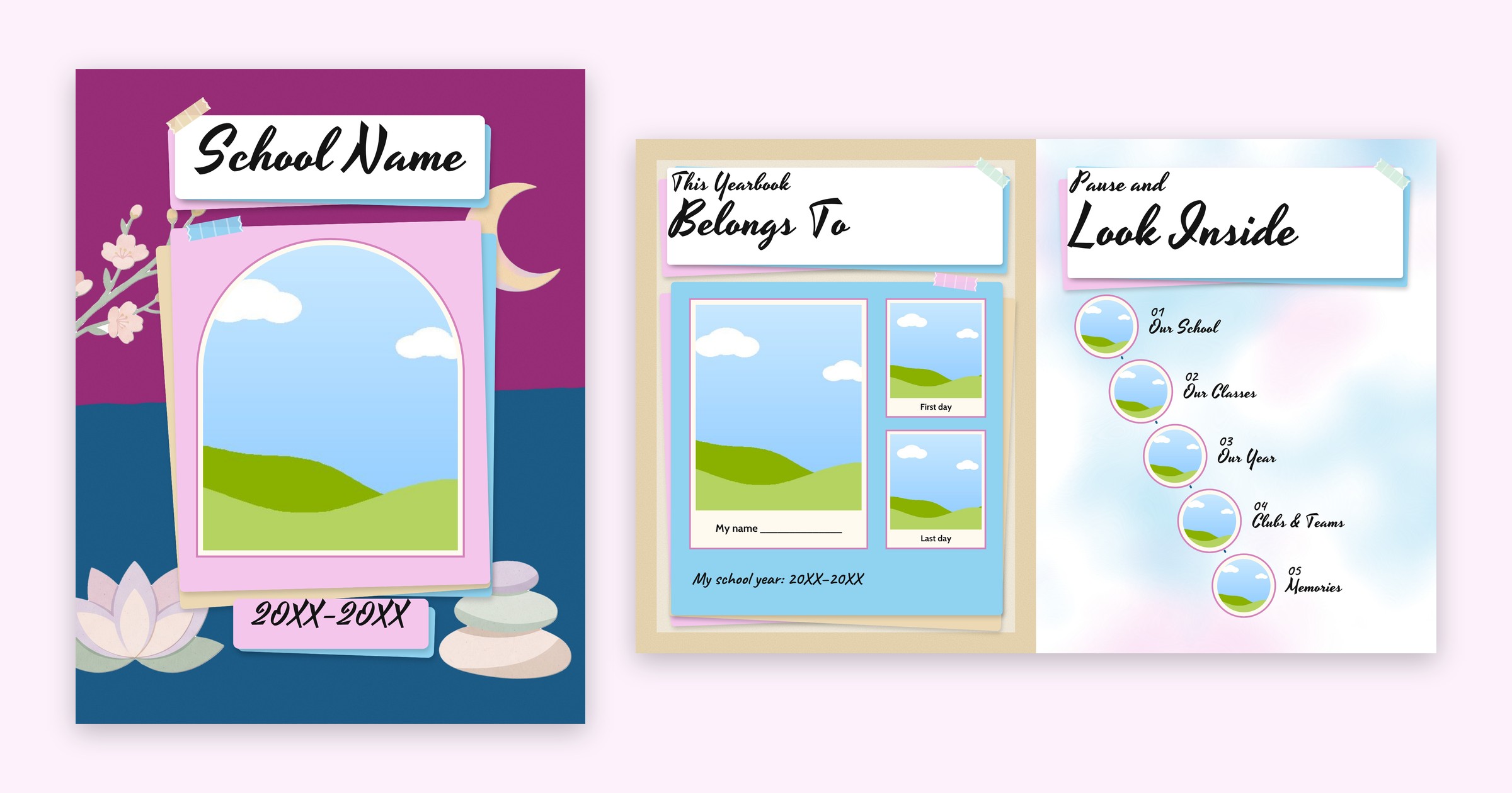 Mindful Moments yearbook template: the cover and sample pages